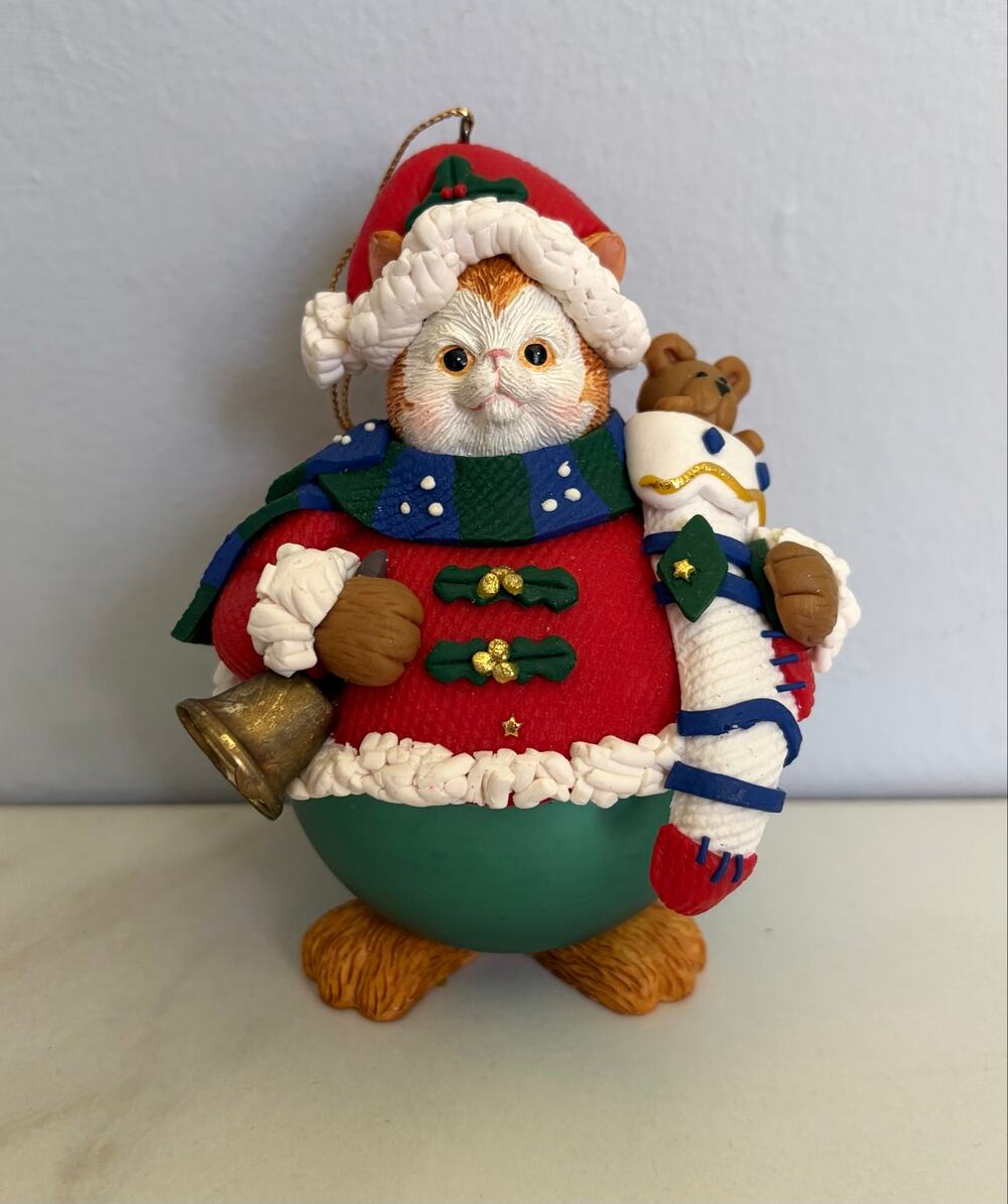 Vintage Traditions Glass & Clay Christmas Ornament Cat w/ Stocking & Bell In Box